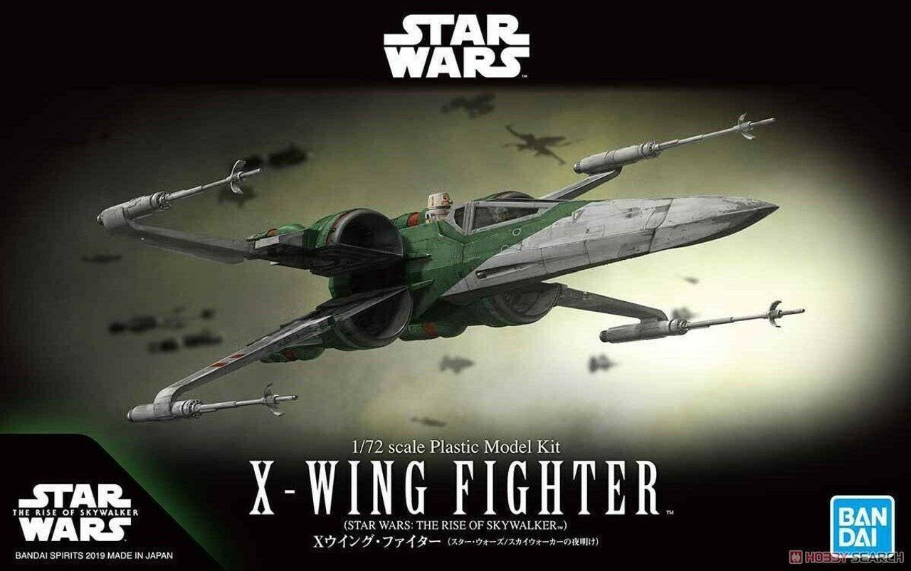 Model kit of an X-Wing Fighter from Star Wars with Bandai branding.