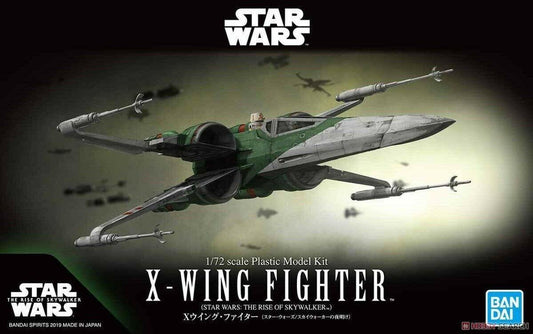 Model kit of an X-Wing Fighter from Star Wars with Bandai branding.