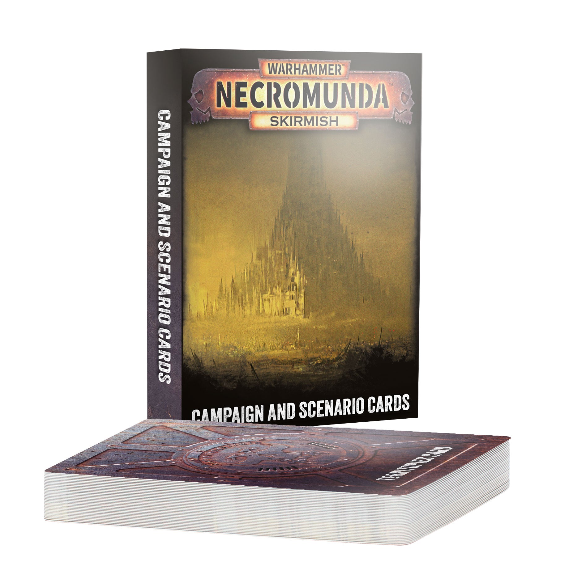 Warhammer Necromunda Skirmish campaign and scenario cards shown as a boxed set with one deck fanned in front on a white background.