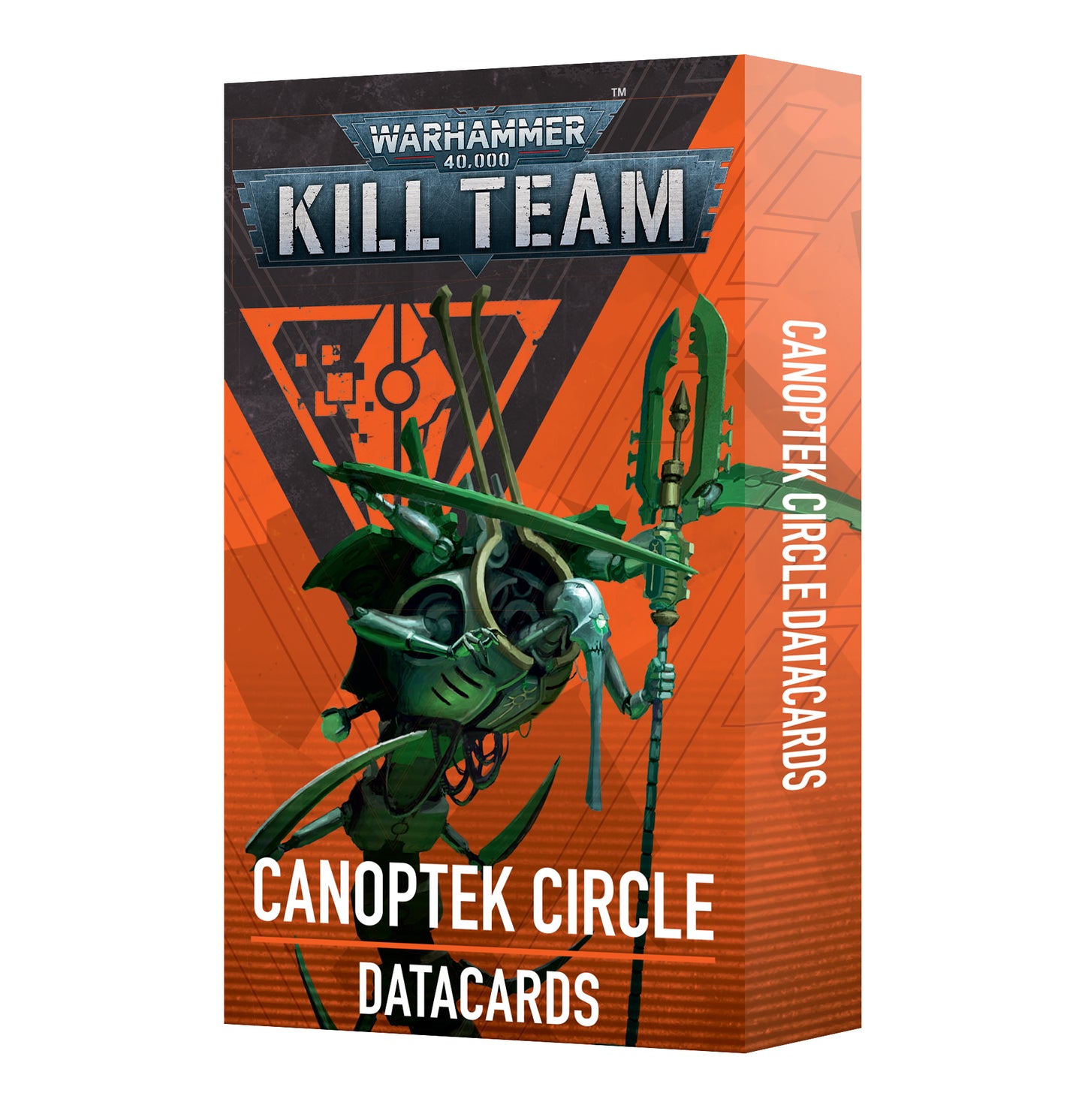 Box of Warhammer 40,000 Kill Team Canoptek Circle Datacards on an orange background