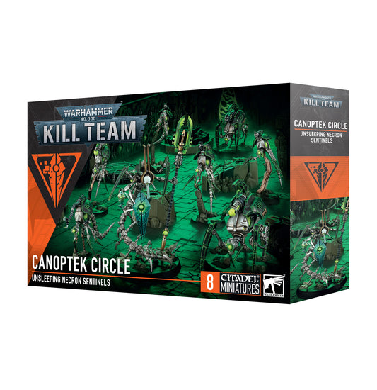 Box of Warhammer figurines with 'Kill Team' branding on a white background
