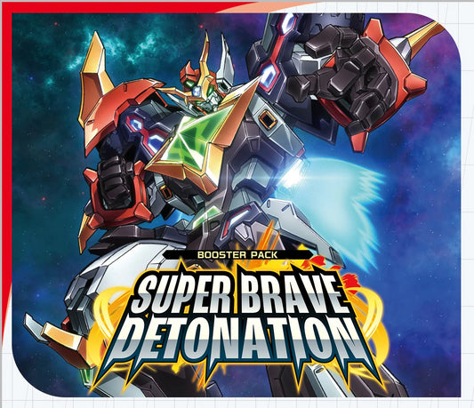 Toy robot with 'Super Brave Detonation' booster pack text against a space-themed background