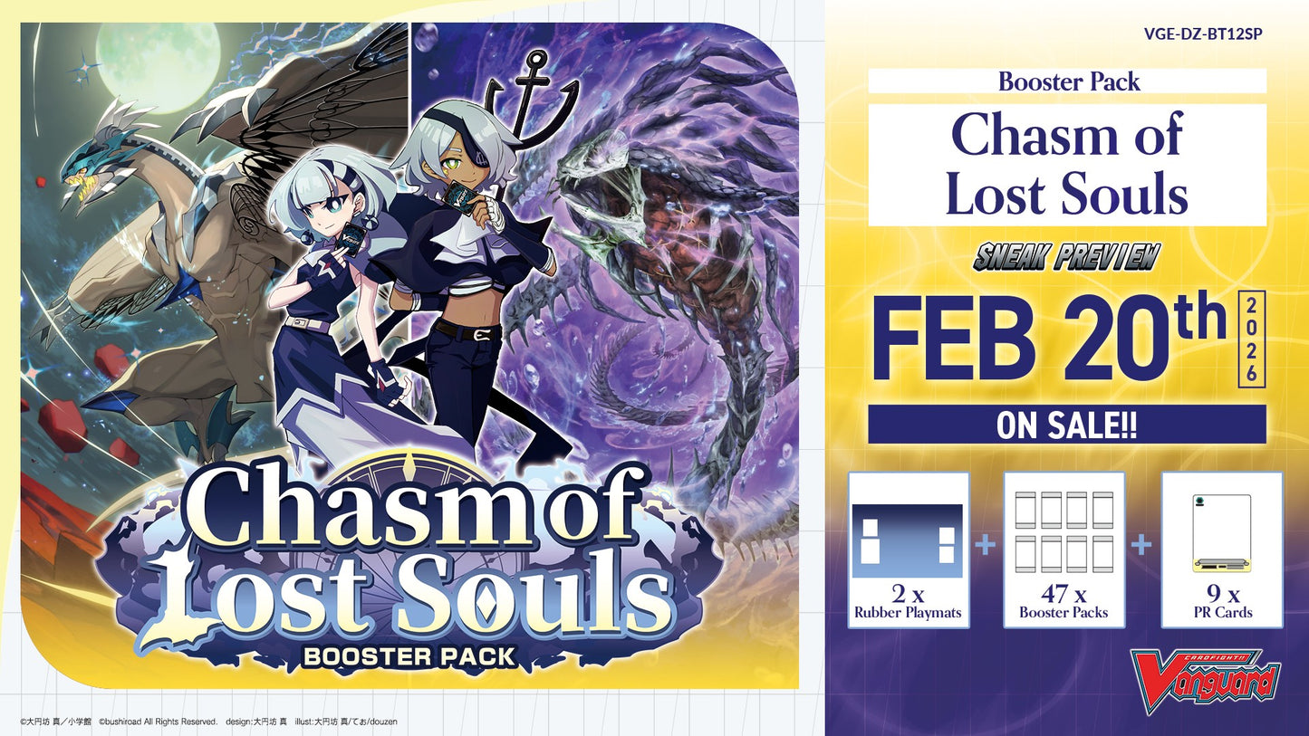 Booster pack for 'Chasm of Lost Souls' with character illustration and release date information.