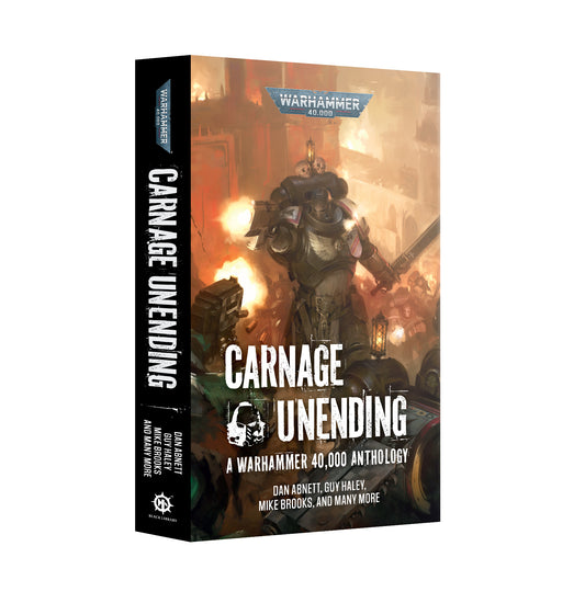 Book cover of 'Carnage Unending' with a warrior and fiery background
