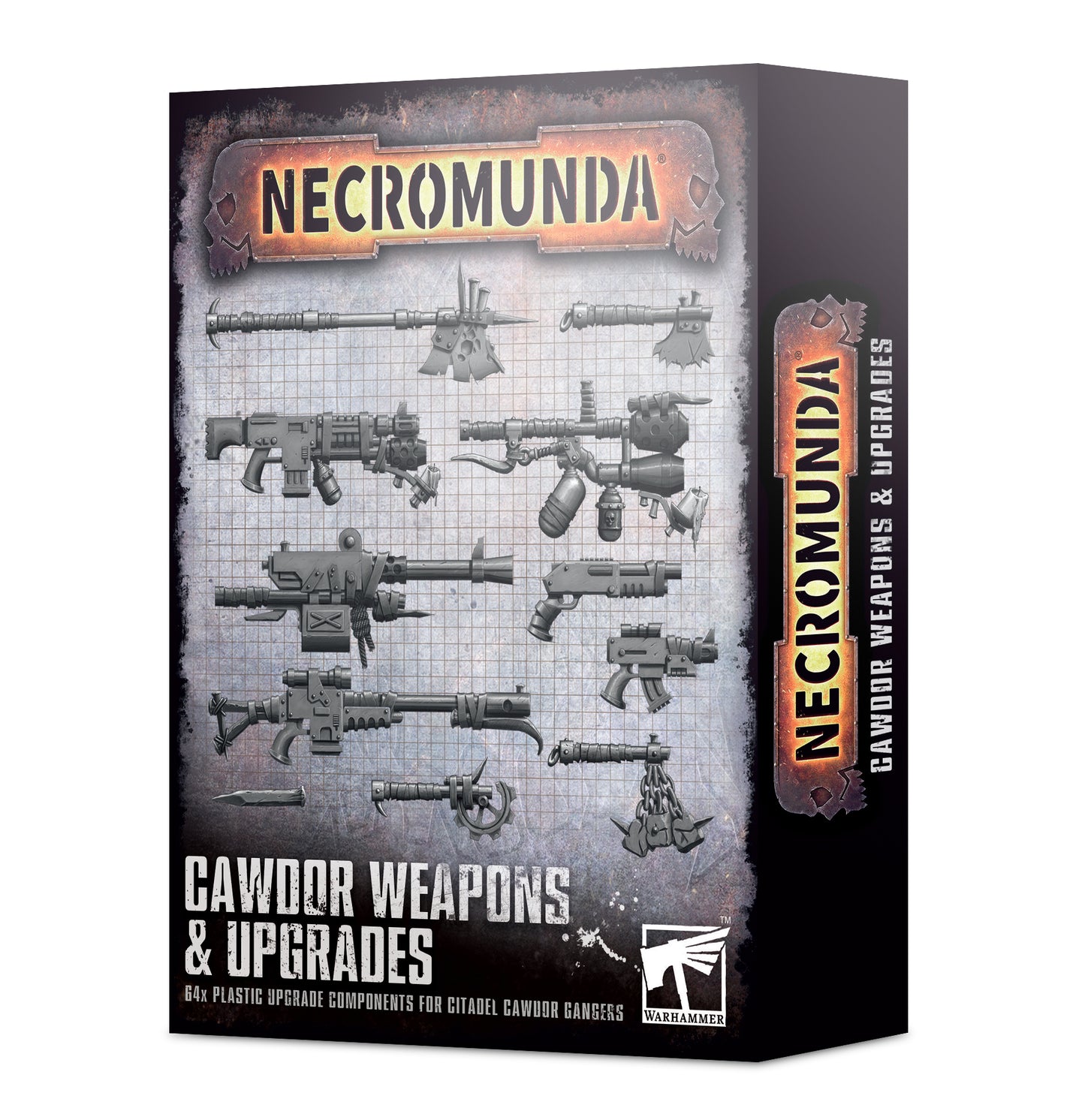 Necromunda Cawdor Weapons & Upgrades box with weapon illustrations on a white background