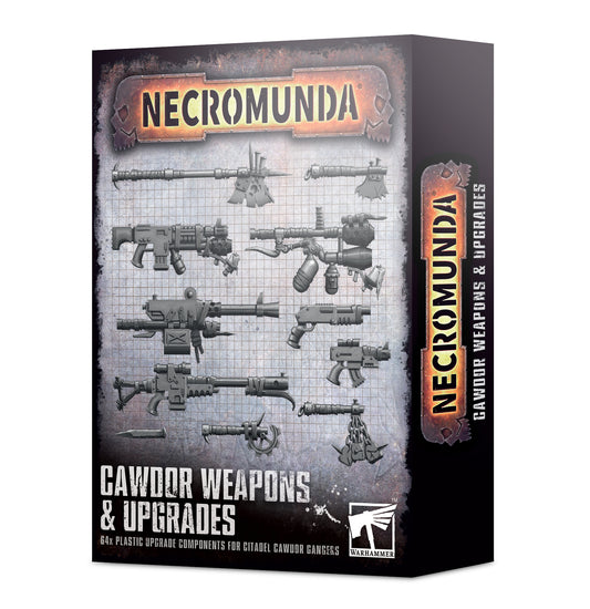 Necromunda Cawdor Weapons & Upgrades box with weapon illustrations on a white background
