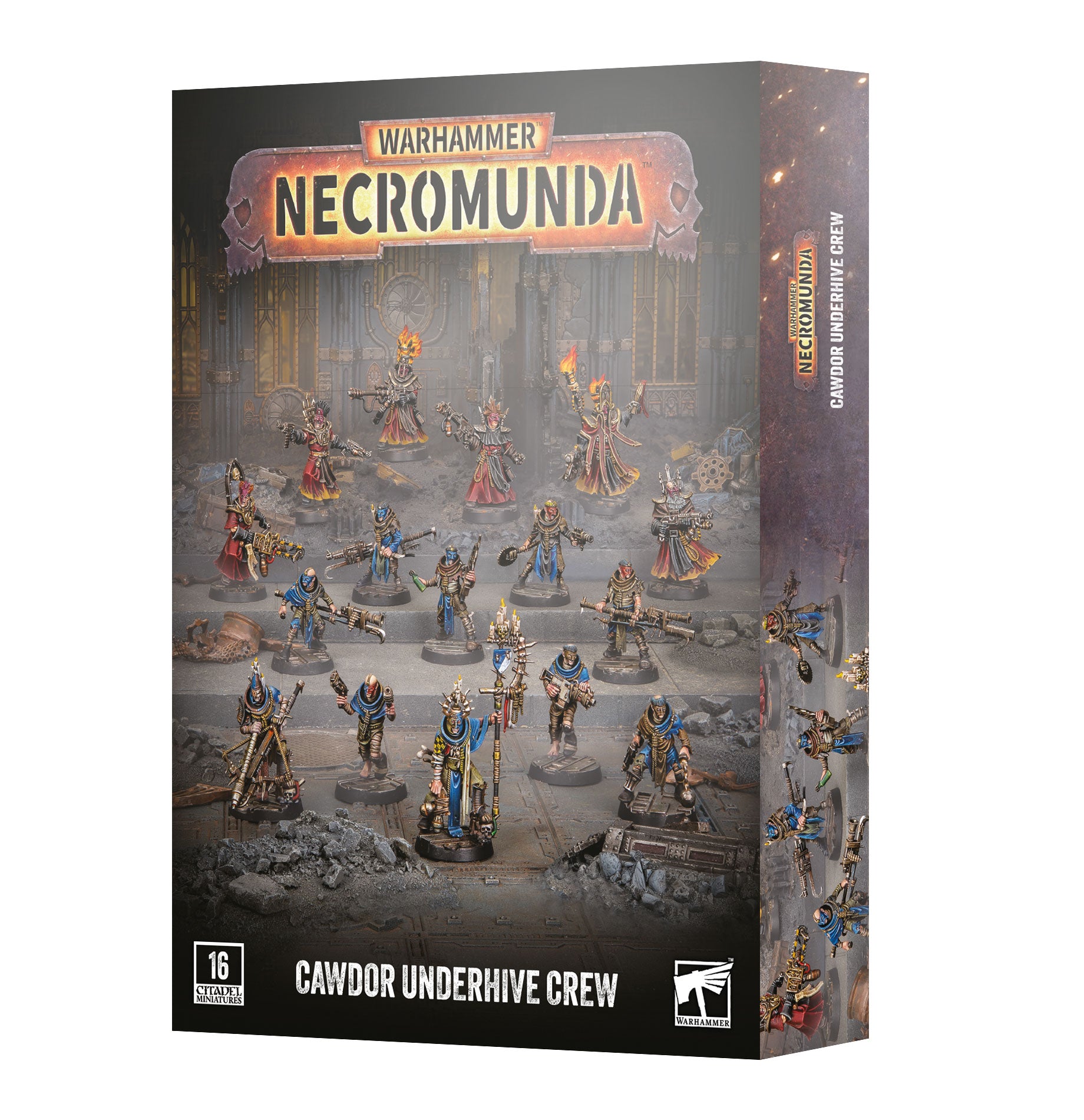 Warhammer Necromunda Cawdor Underhive Crew box set, featuring a detailed cover illustration of various painted miniature figures in a dark, industrial environment.