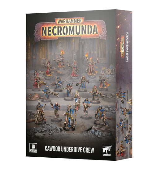 Warhammer Necromunda Cawdor Underhive Crew box set, featuring a detailed cover illustration of various painted miniature figures in a dark, industrial environment.