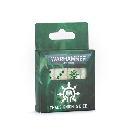 Warhammer 40,000 Chaos Knights Dice Set (2025), boxed set with white dice featuring green pips and Chaos Knights symbols, packaged in green-themed box with transparent window.
