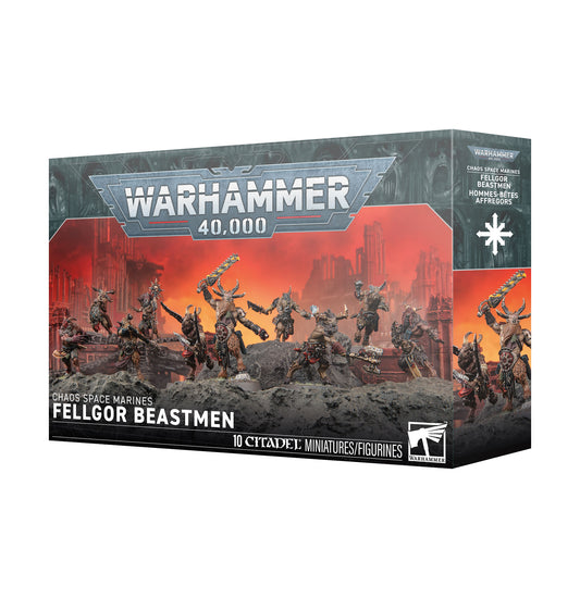 Warhammer 40,000 Fellgor Beastmen miniature figures box set, featuring illustrated sci-fi marine miniatures on a dark rocky terrain against a red-orange sky, with Warhammer and Games Workshop branding visible on the packaging.