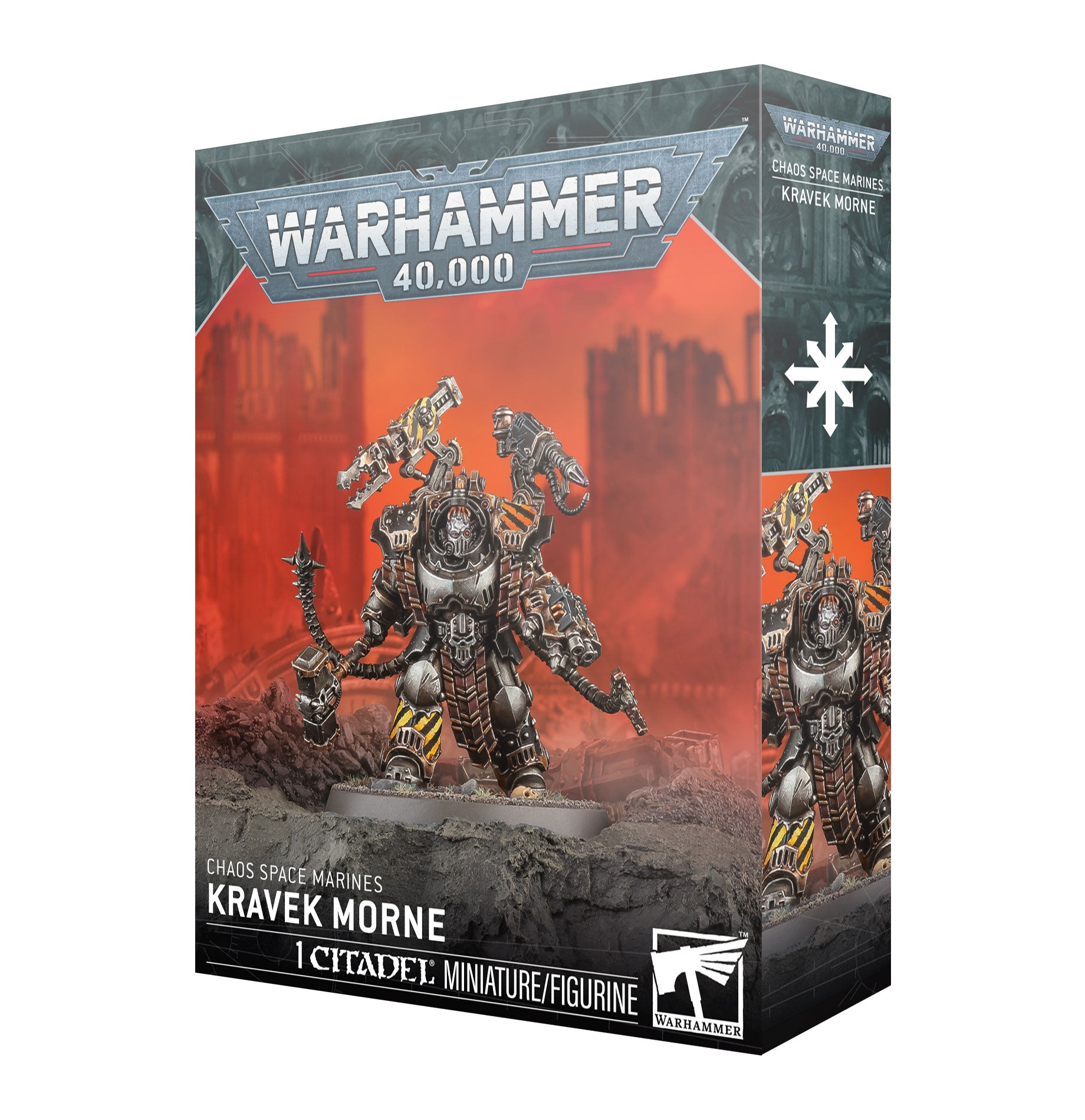 Warhammer 40,000 miniatures box with Kravek Morne figure on a white background
