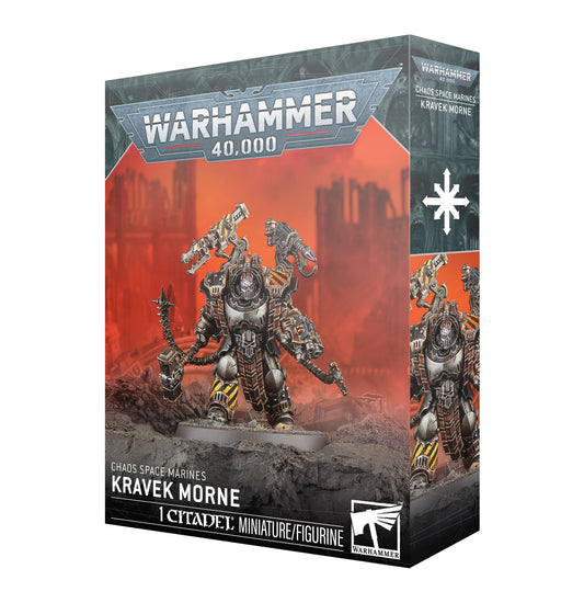 Warhammer 40,000 miniatures box with Kravek Morne figure on a white background