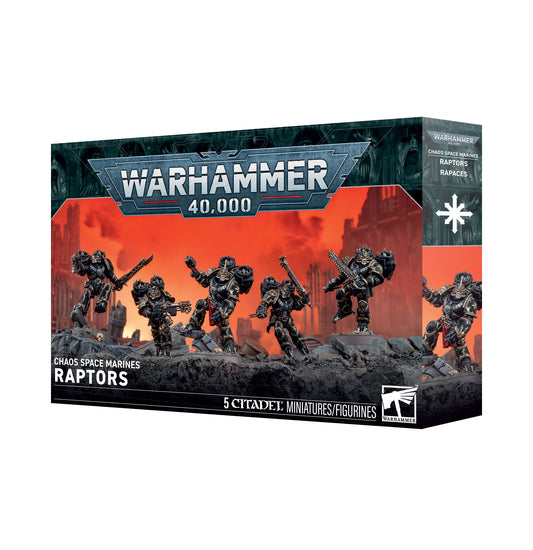 Warhammer 40,000 Grados Space Marines Raptors miniatures figure box, showing the product packaging with illustrated space marine figures and a fiery orange-red background on the box front.