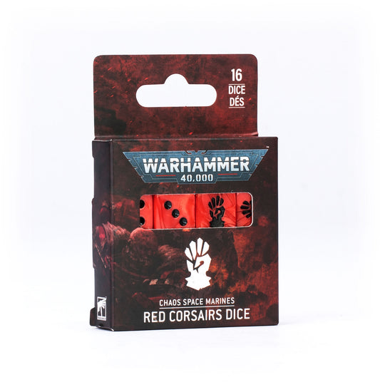 Packaged dice set for 'Warhammer 40,000' with red dice on a white background