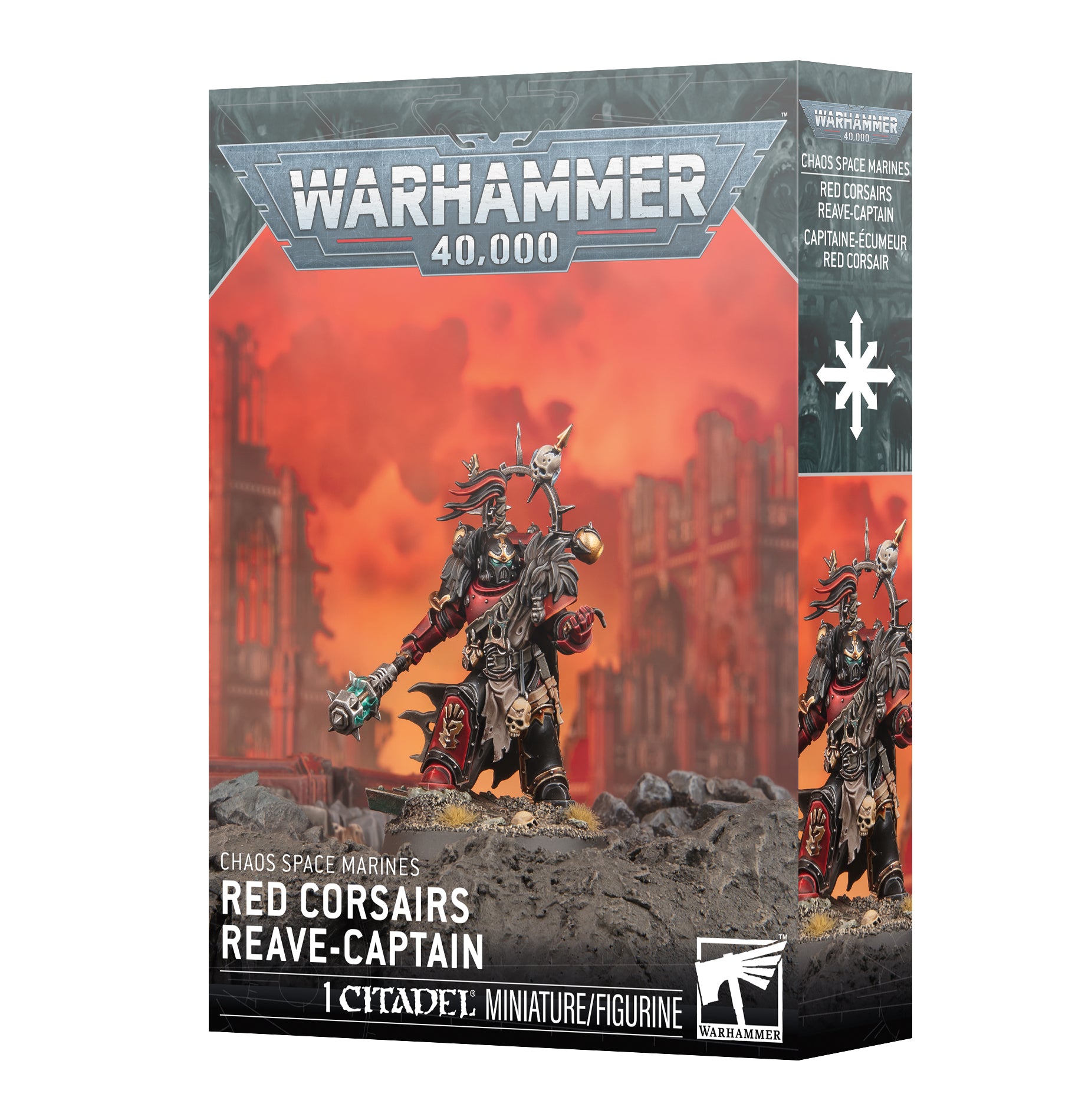 Warhammer 40,000 Red Corsairs Reave-Captain figurine packaging on a white background