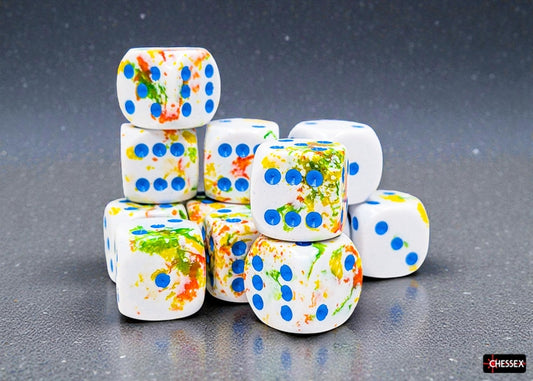 White dice with multicolored brush effect and blue pips on a reflective surface