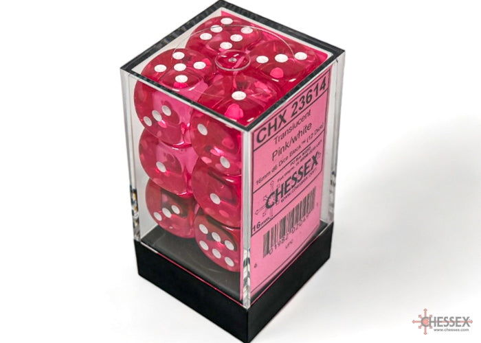Chessex: 12 Piece D6 Dice Set Translucent Pink with White