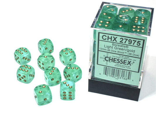 Chessex: 36 Piece D6 Dice Set Borealis Luminary Light Green with Gold