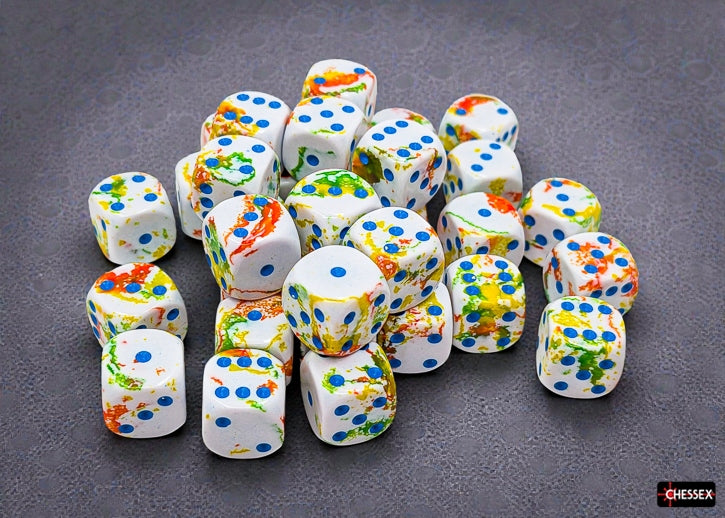 White dice with a orange, yellow, and green brush pattern and blue pips on a gray background