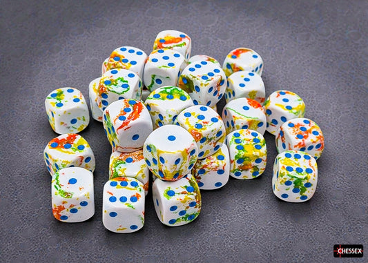 White dice with a orange, yellow, and green brush pattern and blue pips on a gray background