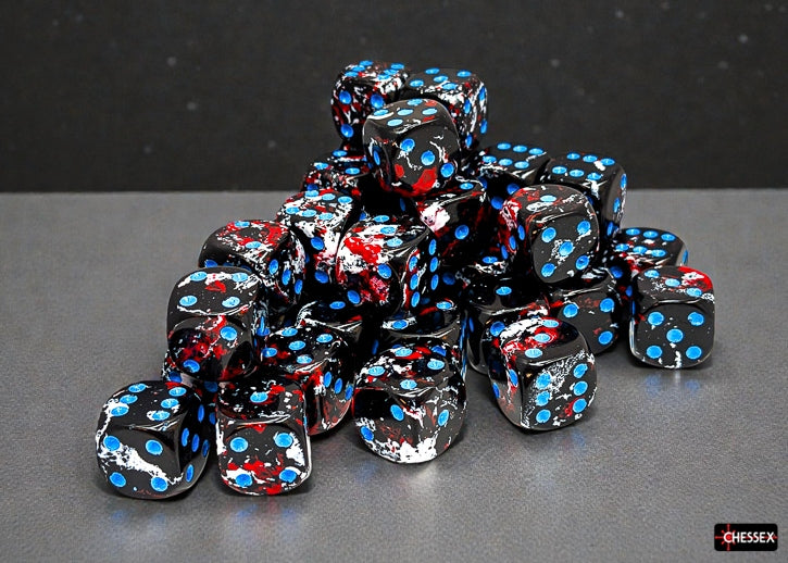 Stack of black dice with a red and white brush patterns and blue pips on a gray surface