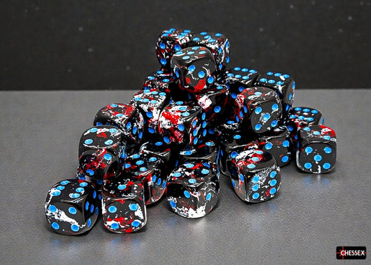 Stack of black dice with a red and white brush patterns and blue pips on a gray surface