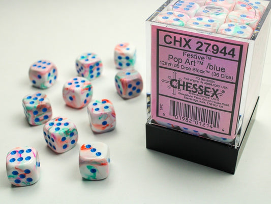 Chessex: 36 Piece D6 Dice Set Festive Pop Art with Blue