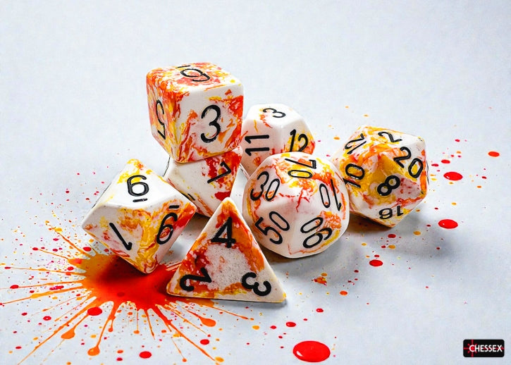 Set of dice with orange and white design with black numbers on a gray background
