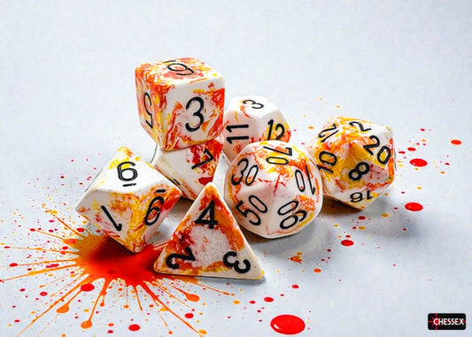 Set of dice with orange and white design with black numbers on a gray background