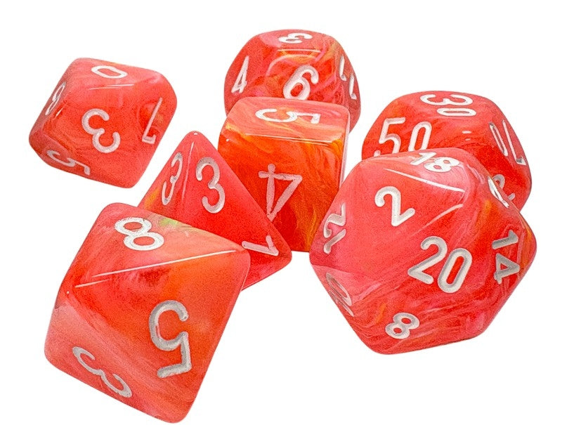 Set of Dahlia dice with white numbering on a white background
