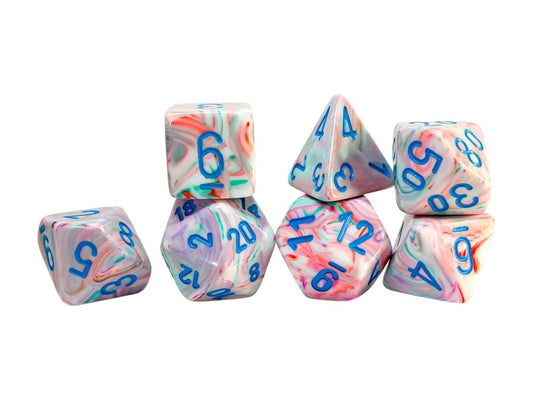 Set of Pop Art dice with blue numbering on a white background