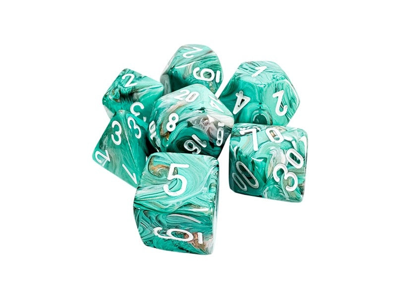 A set of oxidized copper colored dice with white numbering on a white background