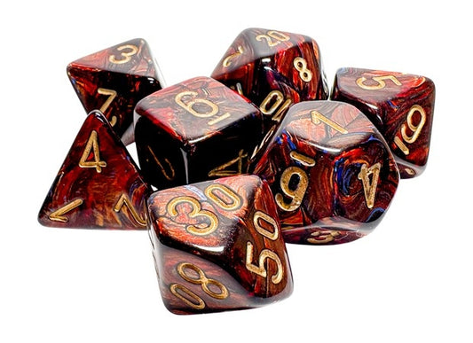 A set of red-blue dice with gold numbering on a white background