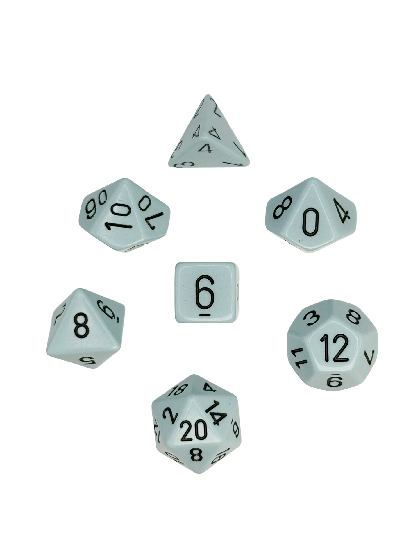 Chessex 7-piece polyhedral dice set – Opaque Pastel Blue with black numbers, RPG tabletop gaming dice including d4, d6, d8, d10, d12, d20, and percentile die.