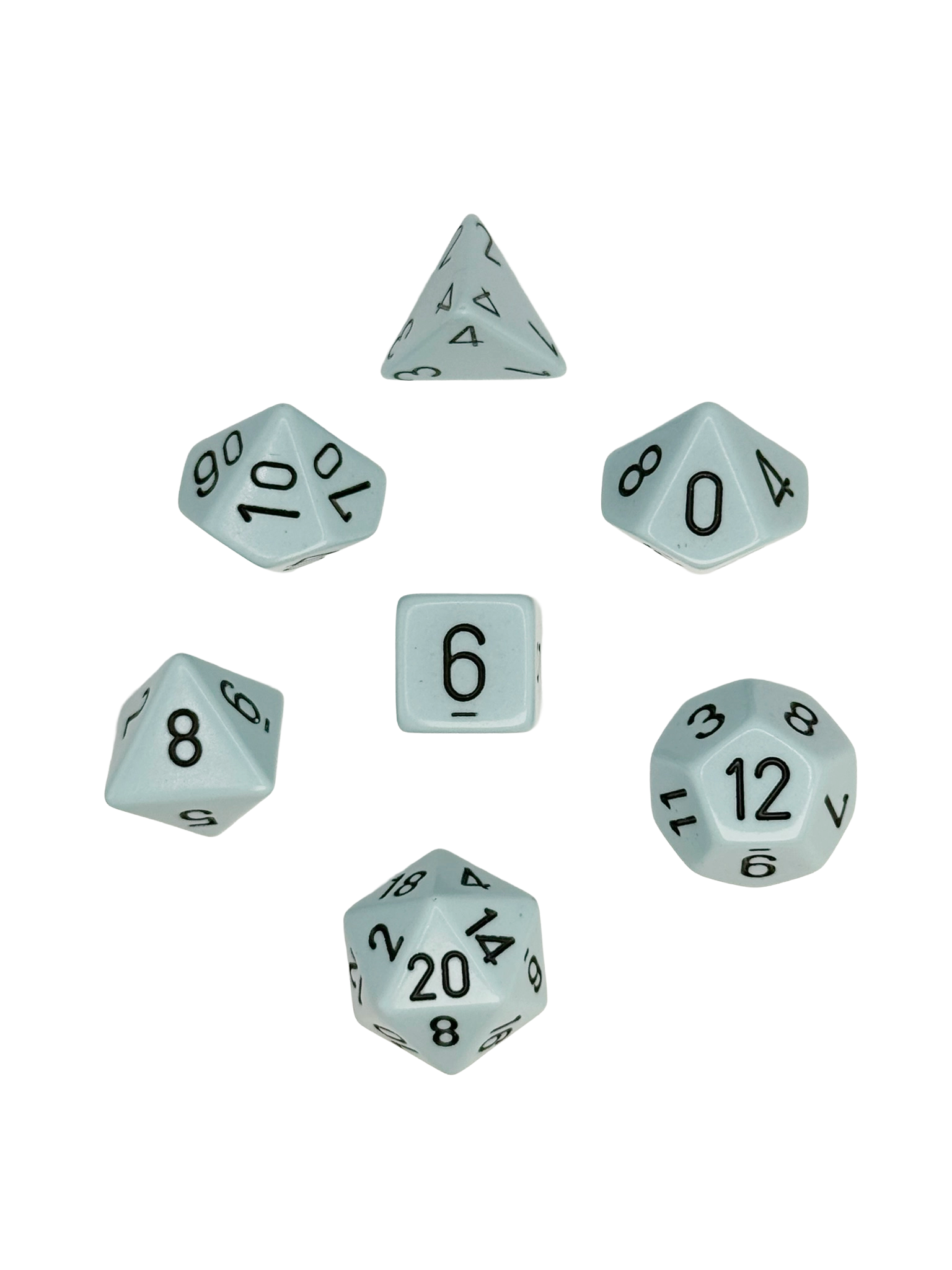 Chessex 7-piece polyhedral dice set – Opaque Pastel Blue with black numbers, RPG tabletop gaming dice including d4, d6, d8, d10, d12, d20, and percentile die.