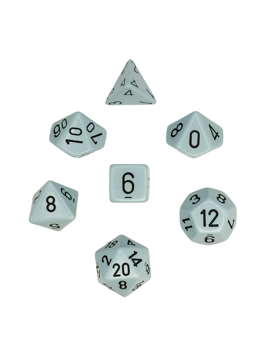 Chessex 7-piece polyhedral dice set – Opaque Pastel Blue with black numbers, RPG tabletop gaming dice including d4, d6, d8, d10, d12, d20, and percentile die.