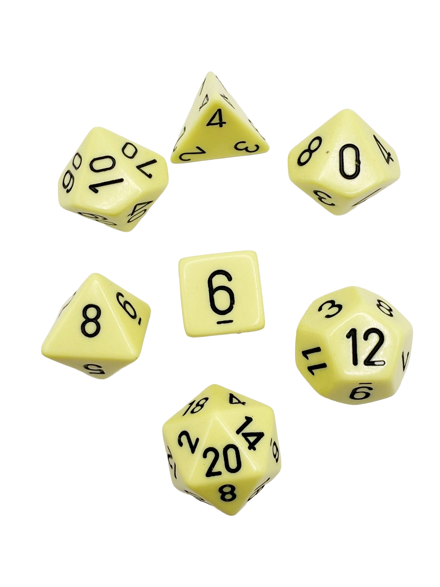 Yellow polyhedral dice set with black numbers, 7-piece RPG dice including d4, d6, d8, d10, d12, d20, and percentile die, tabletop gaming accessories on white background.