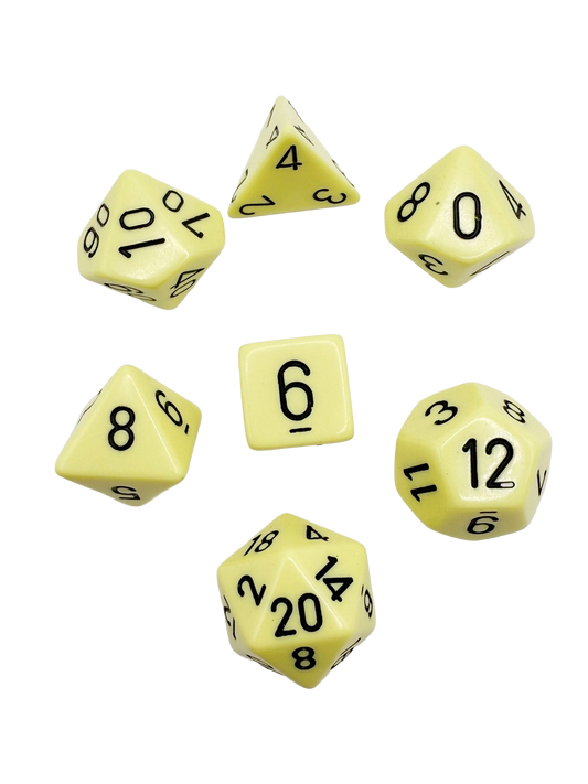 Yellow polyhedral dice set with black numbers, 7-piece RPG dice including d4, d6, d8, d10, d12, d20, and percentile die, tabletop gaming accessories on white background.