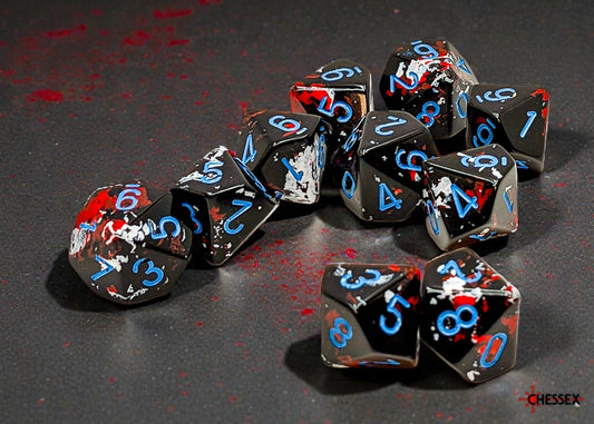 Set of brush-effect red and black dice with blue numbers on a dark surface