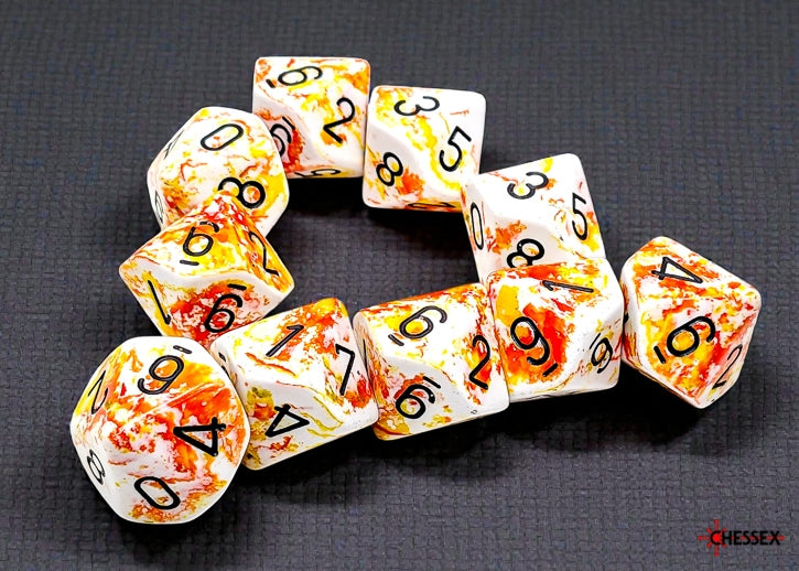 Set of white dice with a Brush effect of orange and yellow with black numbers on a dark background