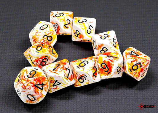 Set of white dice with a Brush effect of orange and yellow with black numbers on a dark background