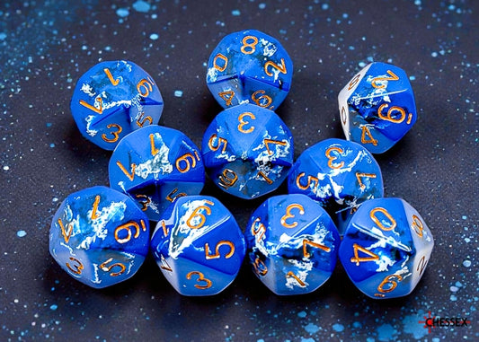 Blue polyhedral dice set with a wave simulating effect with gold orange numbers on a dark surface