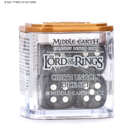 Dice set packaging for 'The Lord of the Rings' with dice inside a clear container on a white background.