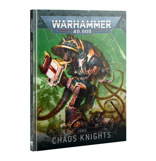 Warhammer 40,000 Codex: Chaos Knights (10th Edition) cover, featuring a detailed illustration of a Chaos Knight war machine with weapons and green geometric background, official rulebook for sci-fi tabletop wargaming.