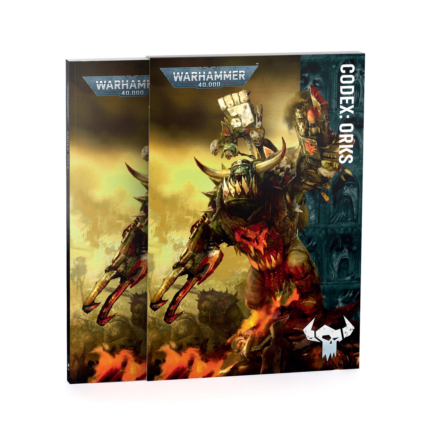 Codex: Orks Warhammer 40k playmat shown in a 3D mockup with a subtle reflection on a white background.