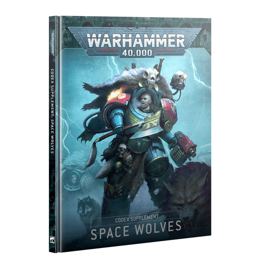 Warhammer 40K Space Wolves Codex cover art featuring a power-armored warrior with wolf pelt and skulls, stormy lightning background, and fierce wolves — Warhammer 40,000 supplement artwork.