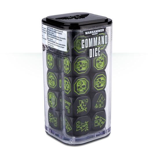 Packaged Warhammer Command Dice set with green symbols on a white background