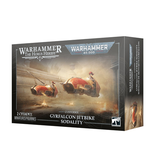 Warhammer 40,000: Warhammer: The Horus Heresy - Custodes: Gyrfalcon Jetbike Sodality box set, featuring detailed sci-fi artwork of red jetbikes on a dusty battlefield.