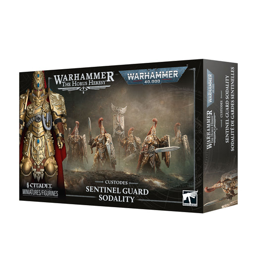 Warhammer 40k The Lord of Rings Heroes Custodes Sentinel Guard Sodality miniatures and figures box, featuring artwork of armored fantasy soldiers on a dark background.
