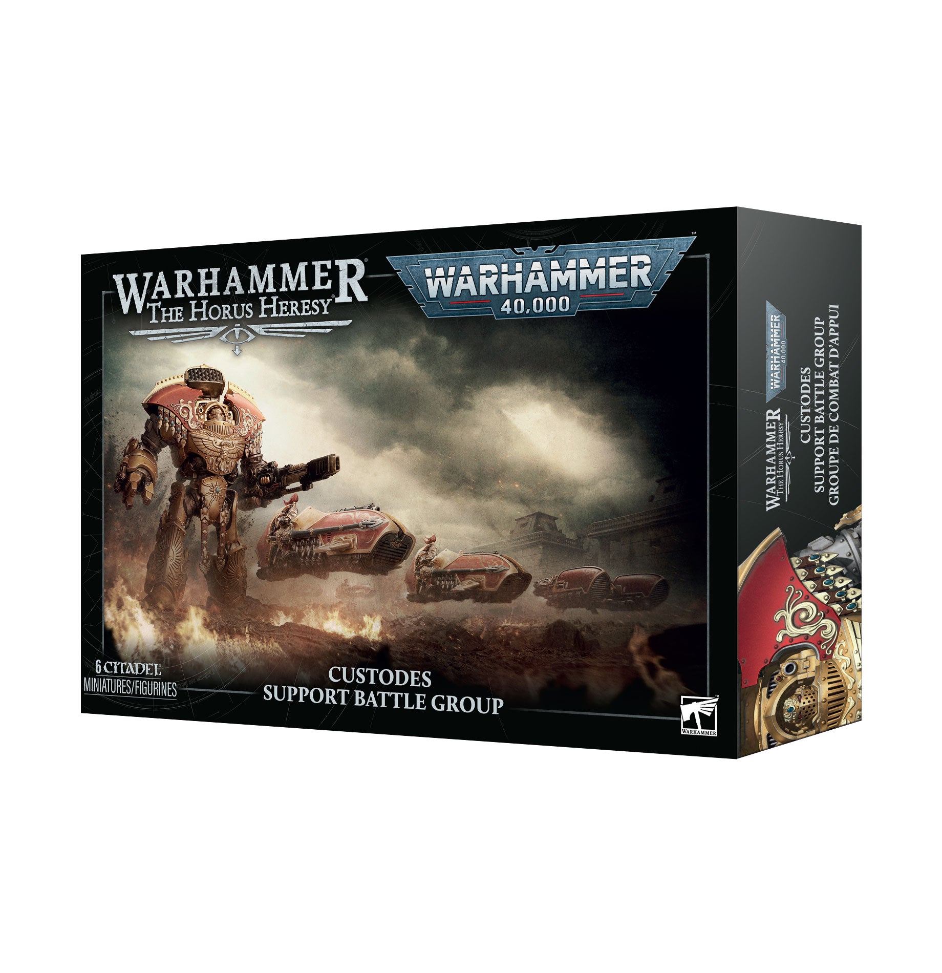 Warhammer 40,000: The Horus Heresy Custodes Support Battle Group box set by Games Workshop, featuring a sci-fi battle scene with a large robot and vehicles on the front, shown at a three-quarter angle against a white background.